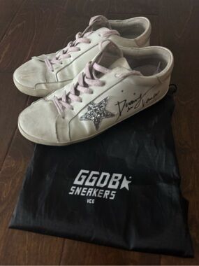 Golden Goose White Leather Sneakers with Pink Laces and Silver Glitter Star
